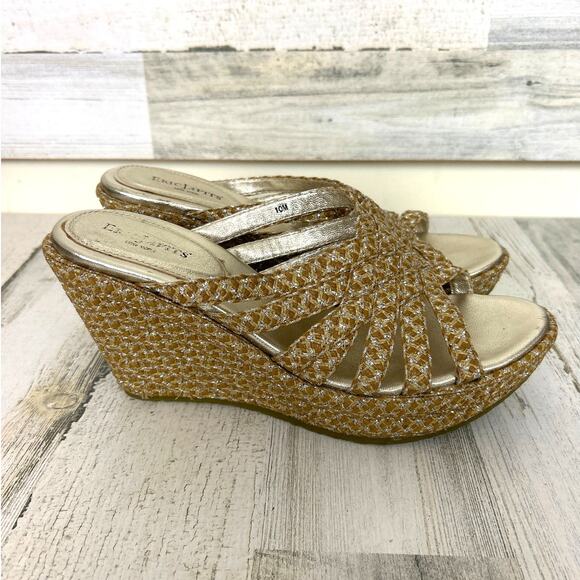 Eric Javits Women’s 10 Edy Gold Leather Wedge Sandals Slip-On Shoes - Picture 4 of 9